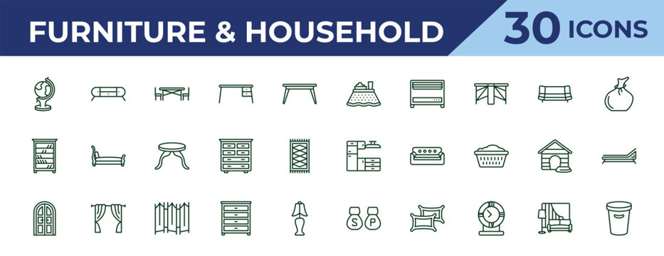 outline furniture & household icons set - kotatsu, shelves, double door. editable vector for web and mobile ui