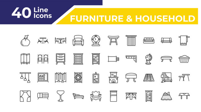 outline furniture & household icons set - room divider, chandelier, curtain. editable vector for web and mobile ui