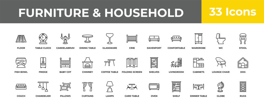 outline furniture & household icons set - baby cot, chandelier, rugs. editable vector for web and mobile ui
