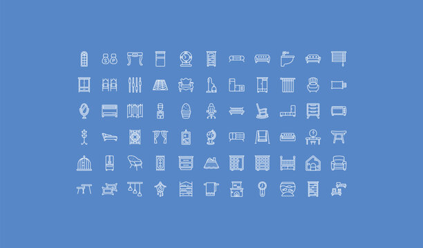 outline furniture & household icons set - furniture, carpet sweeper, pillows. editable vector for web and mobile ui