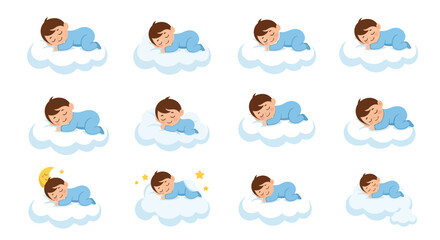 Sleeping babies illustrated on fluffy clouds with stars and a crescent moon © Saidul_Studio1984