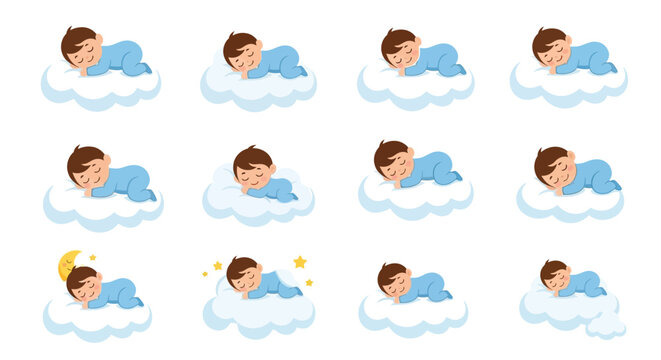 Sleeping babies illustrated on fluffy clouds with stars and a crescent moon