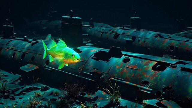 Submarine wreck with glowing fish emphasizing urban lifestyle and city dynamics