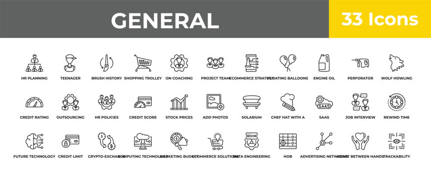 outline general icons set - hr policies, credit limit, trackability. editable vector for web and mobile ui
