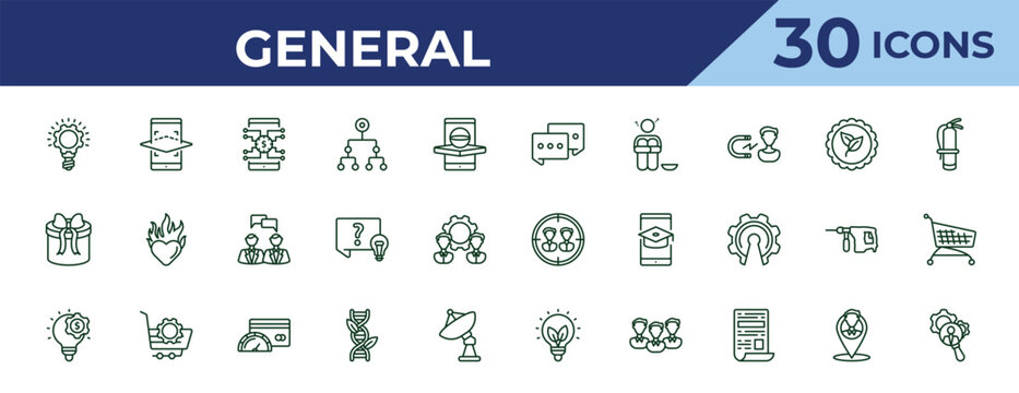 outline general icons set - message app, gift box with ribbon, fintech innovation. editable vector for web and mobile ui