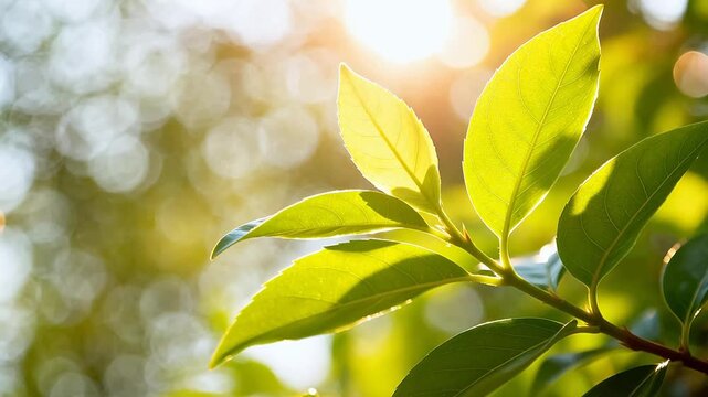 Sunlit green leaves with bokeh background