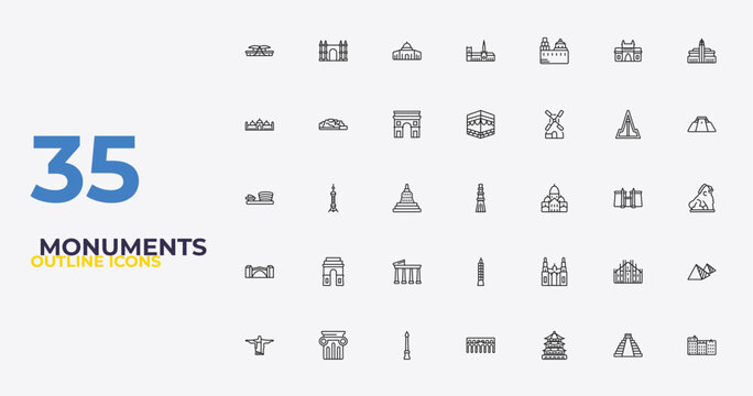 outline monuments icons set - kaaba building, cathedral, denmark. editable vector for web and mobile ui