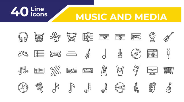 outline music and media icons set - cymbals, music, dvd disc. editable vector for web and mobile ui