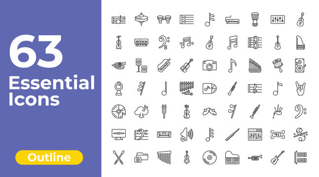 outline music and media icons set - repeat, mandolin, segno. editable vector for web and mobile ui