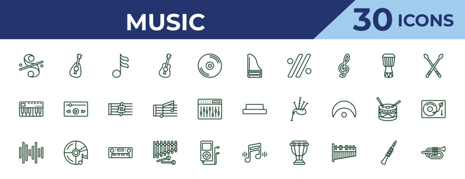 outline music icons set - harpsichord, music keyboard, sound bars. editable vector for web and mobile ui