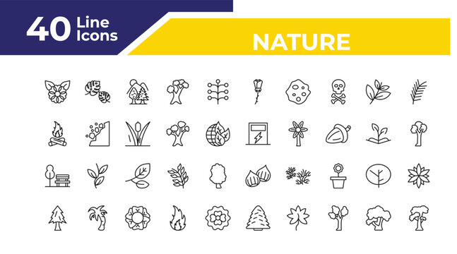 outline nature icons set - camping bonfire, park bench, pine tree. editable vector for web and mobile ui