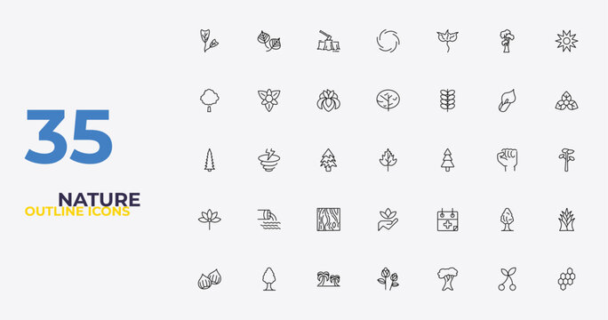 outline nature icons set - black oak tree, treatments, hive. editable vector for web and mobile ui
