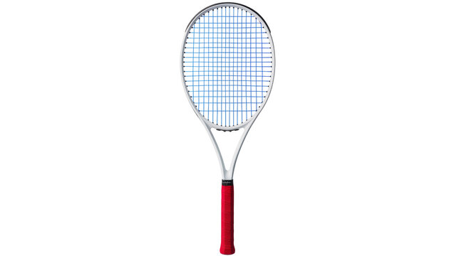 White tennis racket with blue strings and red grip, isolated on transparent background