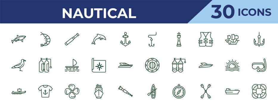 outline nautical icons set - double bait, seagull, trireme. editable vector for web and mobile ui