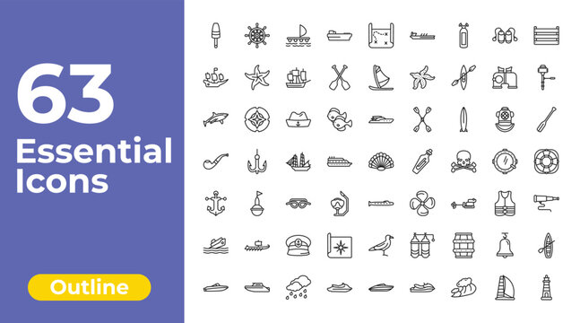 outline nautical icons set - tanker ship, windsurf board, skiff. editable vector for web and mobile ui