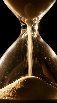 Elegant Hourglass Close-up with Golden Sand Falling against a Black Background Ideal for Time Management and Deadline Concepts. Vertical. Video. Portrait Orientation.