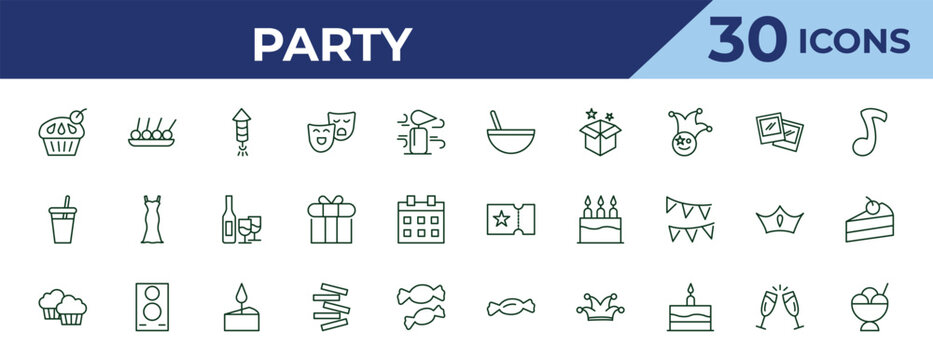 outline party icons set - bowl with straw, juice bottle with straw, two muffins. editable vector for web and mobile ui