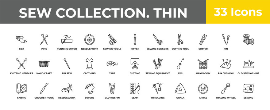outline sew collection. thin icons set - pin sew, crochet hook, sewing. editable vector for web and mobile ui