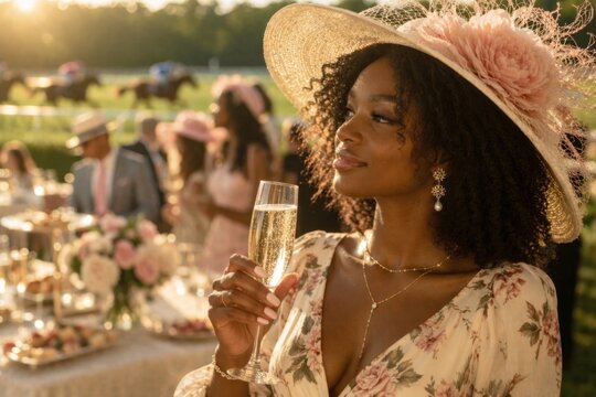 Portrait of a beautiful elegant woman in a stylish hat and dress holding a glass of champagne at a horse racing event. 