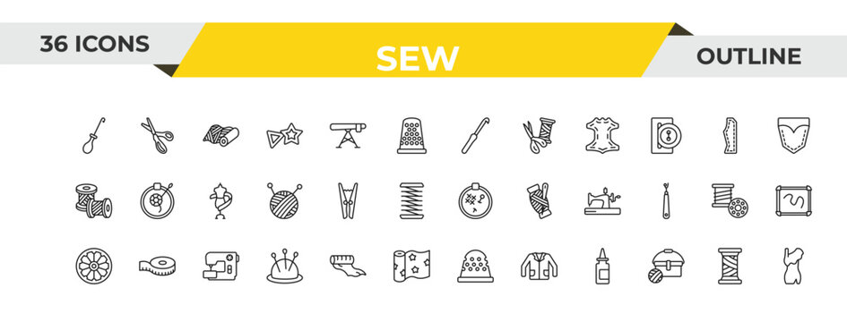 outline sew icons set - crochet hook, clothespin, sewing. editable vector for web and mobile ui
