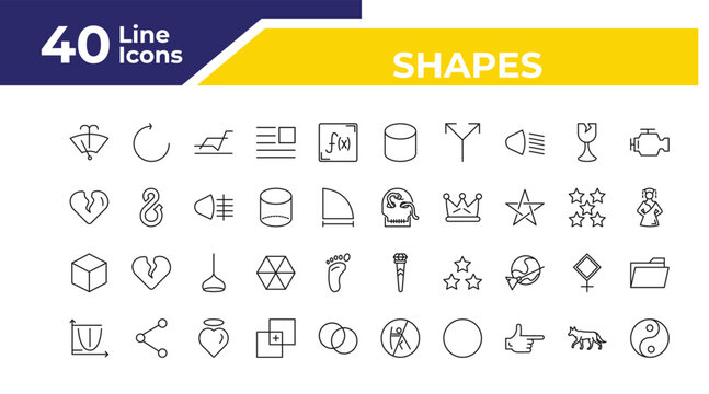 outline shapes icons set - broken heart, blank cube, parabola. editable vector for web and mobile ui
