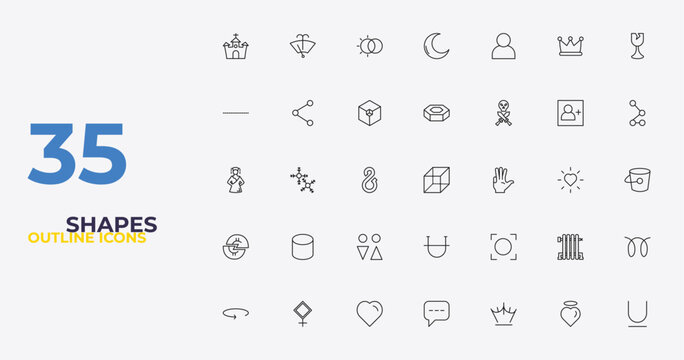 outline shapes icons set - hexagonal prism, vignette, undelined. editable vector for web and mobile ui