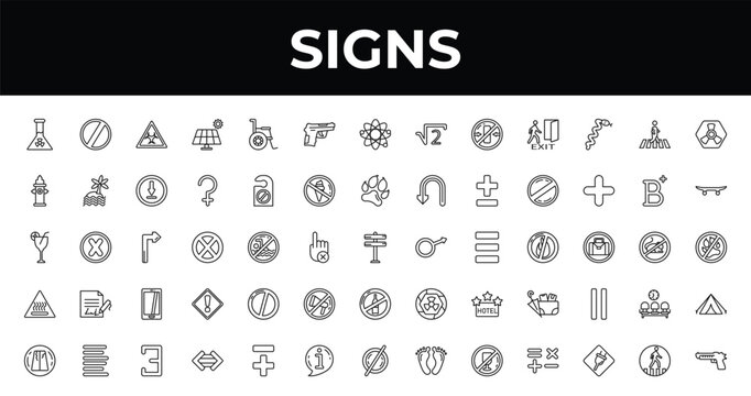 outline signs icons set - guns, skateboard, maths. editable vector for web and mobile ui
