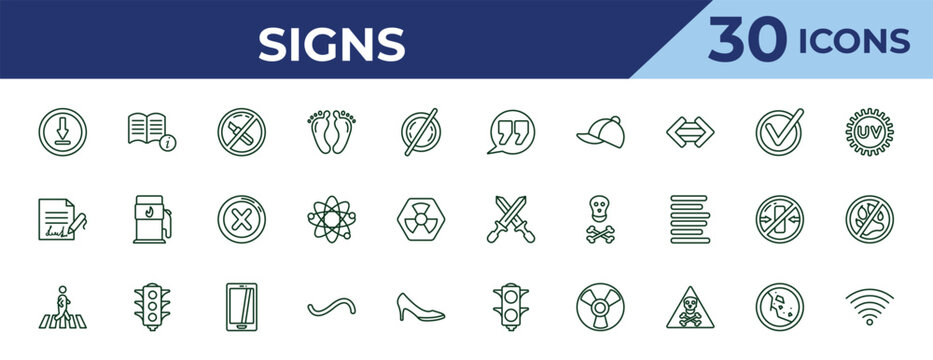 outline signs icons set - quotes, , pedestrian. editable vector for web and mobile ui