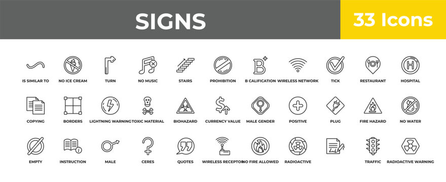 outline signs icons set - lightning warning, instruction, radioactive warning. editable vector for web and mobile ui