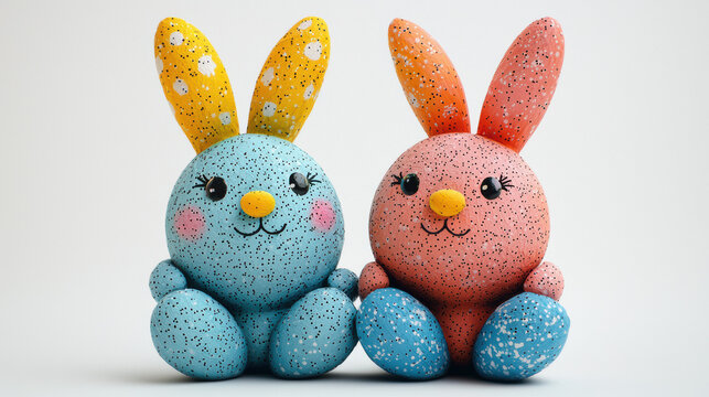 Two adorable Easter bunnies, one blue with yellow ears and one pink with orange ears, sit closely together on a white background, exuding a cheerful sp vibe.