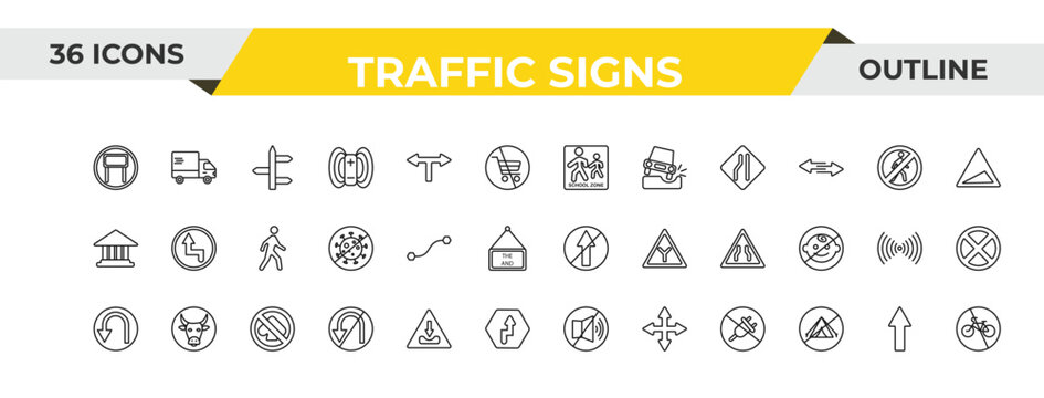 outline traffic signs icons set - school ahead, curves, no gambling. editable vector for web and mobile ui