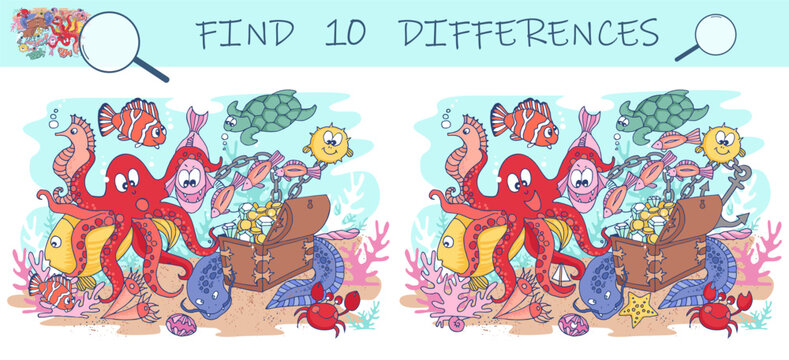 Find the differences game. Underwater world. Marine animals and fish life. Hidden object puzzle game. Vector illustration of funny cartoon characters.