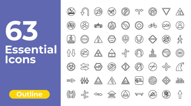 outline traffic signs icons set - no weapons, keep right, swimming. editable vector for web and mobile ui
