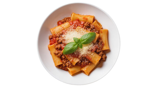 Rigatoni pasta with bolognese sauce and basil grated cheese, isolated on transparent background