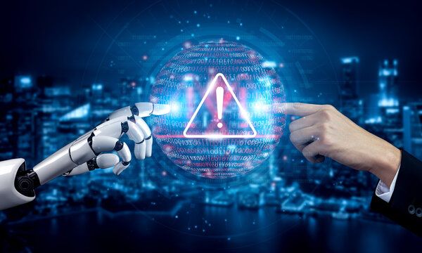 This image showcases a human hand and a robotic hand engaging in a digital connection, emphasizing a cybersecurity warning in a high-tech city environment. Gantry