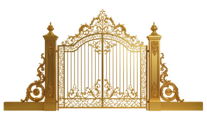Ornate golden wrought iron gate with decorative scrollwork, isolated on transparent background © Luca