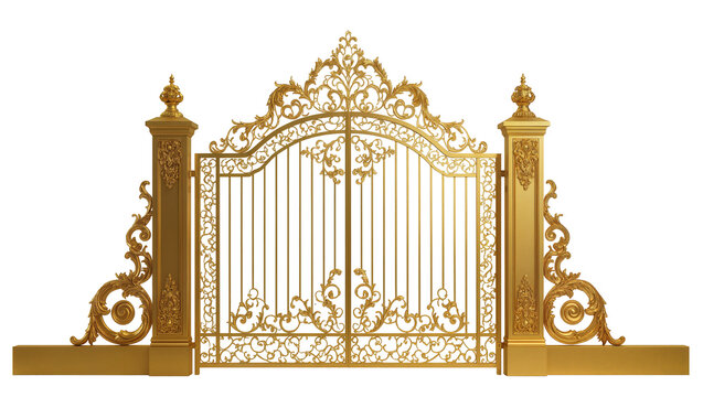 Ornate golden wrought iron gate with decorative scrollwork, isolated on transparent background