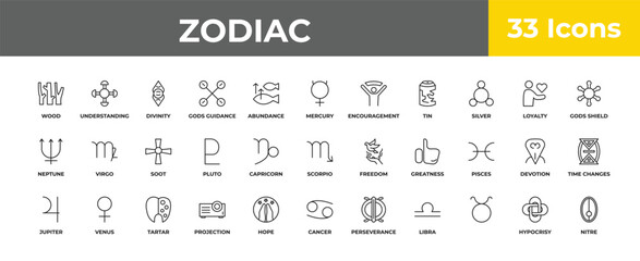 outline zodiac icons set - soot, venus, nitre. editable vector for web and mobile ui © IconArt