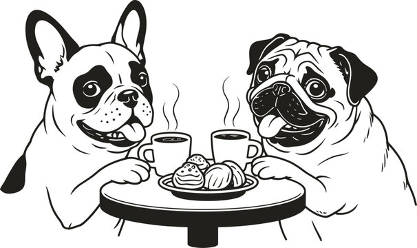 French bulldog and pug enjoying coffee and pastries at a round table dogs