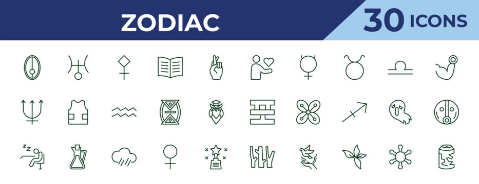 outline zodiac icons set - loyalty, neptune, lethargy. editable vector for web and mobile ui
