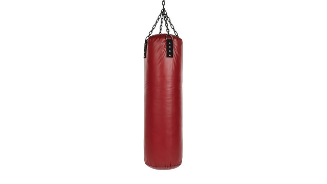 Deep red leather punching bag hanging from metal chains, isolated on transparent background