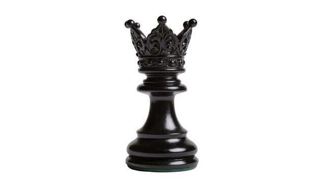 Ornate black queen chess piece with detailed crown, isolated on transparent background