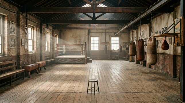 Panoramic old boxing gym with ring ropes and speed bag