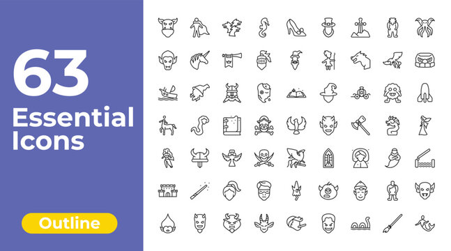 outline fairy tale icons set - seahorses, wizard, goblin. editable vector for web and mobile ui