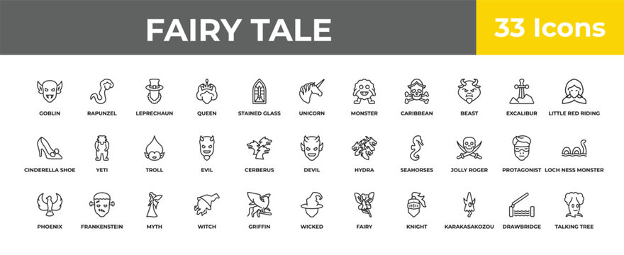 outline fairy tale icons set - troll, frankenstein, talking tree. editable vector for web and mobile ui