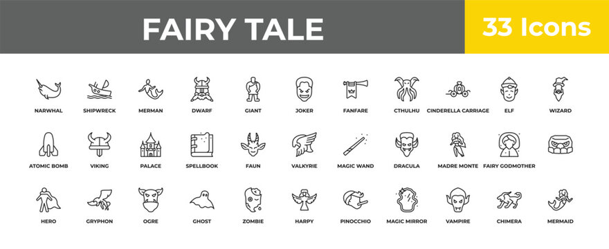 outline fairy tale icons set - palace, gryphon, mermaid. editable vector for web and mobile ui