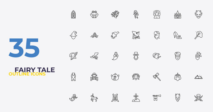 outline fairy tale icons set - griffin, thor, jolly roger. editable vector for web and mobile ui
