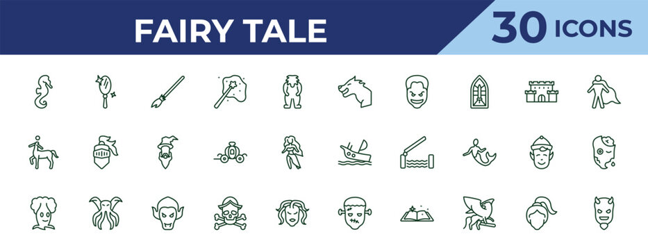 outline fairy tale icons set - werewolf, centaur, talking tree. editable vector for web and mobile ui