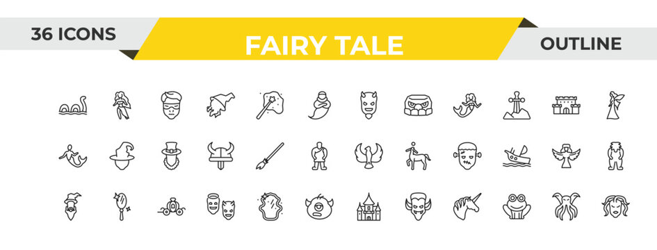 outline fairy tale icons set - evil, broomstick, cinderella carriage. editable vector for web and mobile ui
