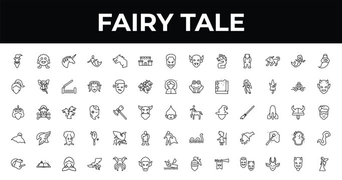 outline fairy tale icons set - castle, devil, gryphon. editable vector for web and mobile ui